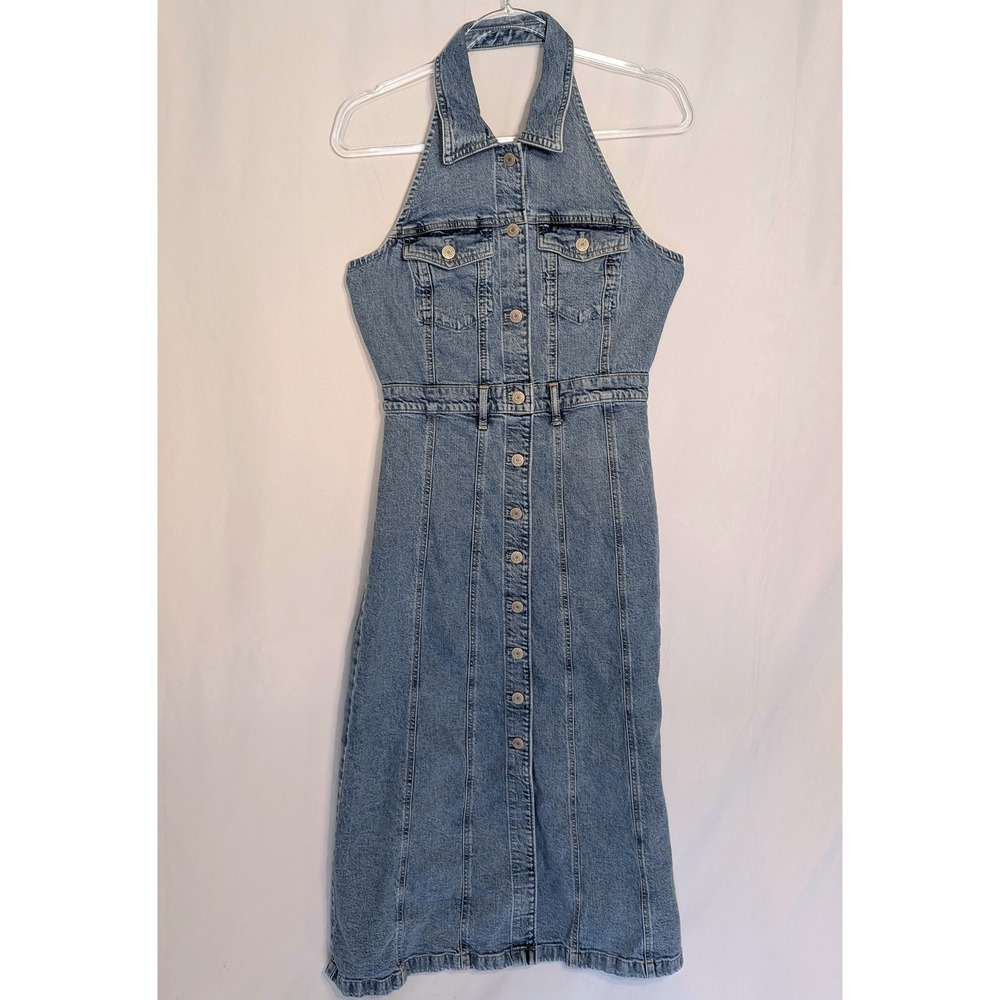 Gap Denim Halter Cotton Midi Dress Medium Wash Button Front Blue Petite S